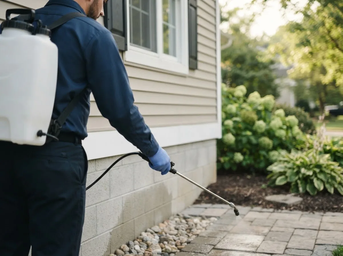 Pest control technician inspecting a home in Pep, NM